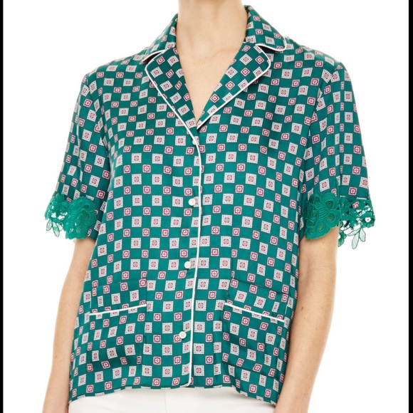 Sandro green tile-print satin-twill shirt with sleeve detail - Picture 2 of 7